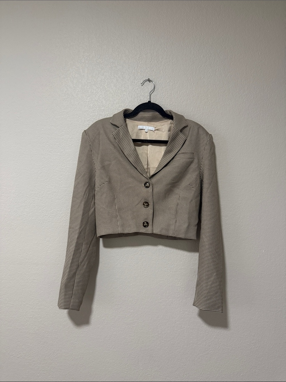 Women's Cropped Houndstooth Blazer Jacket - Beige